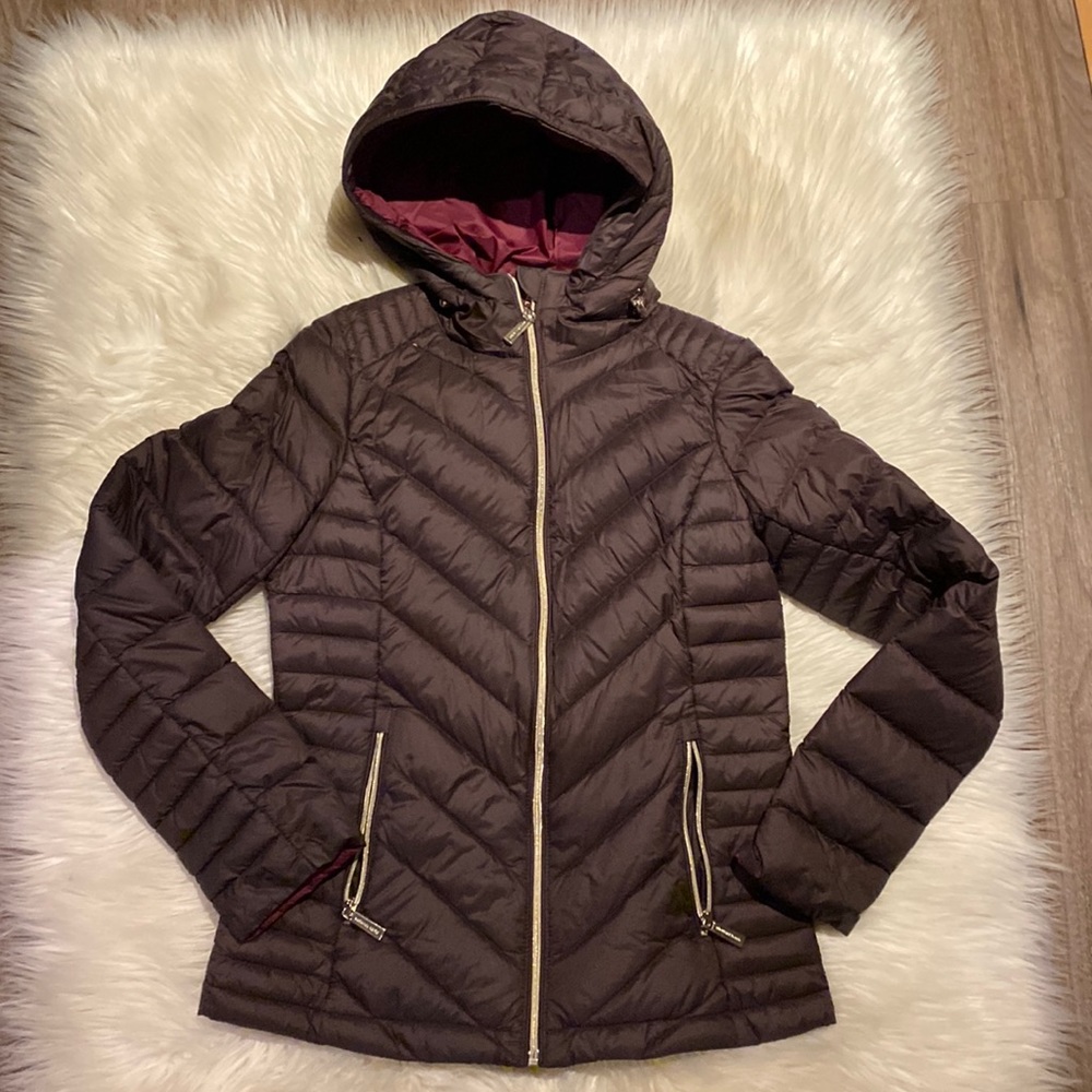 Michael Kors Brown Gold Burgundy Down filled Packable Puffer Jacket Size XSmall